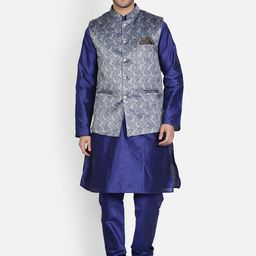 Armaan Ethnic Mandarin Collar Dupion Silk Kurta with Churidar And Printed Nehru Jacket-7