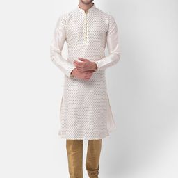 DEYANN Men Off White Ethnic Motifs Regular Dupion Silk Kurta with Churidar-picture-51