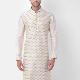 DEYANN Men Off White Regular Dupion Silk Kurta with Churidar-11