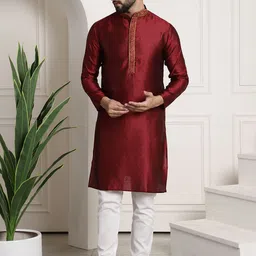 SOJANYA Men Maroon & Off-White Embroidered Kurta with Churidar-picture-24