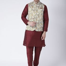 Hangup Men Mandarin Collar Linen Kurta with Churidar & Nehru Jacket-picture-27