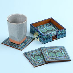 DULI Set of 6 Blue Peacock Printed Wooden Coasters With Case-image-14