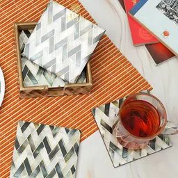 DULI Set Of 6 Silver Zig-Zag Patterned Coasters with Case-22