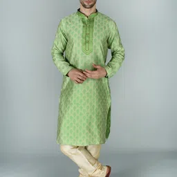 Exotic India Ethnic Motifs Printed Mandarin Collar Long Sleeves Kurta with Churidar-image-82