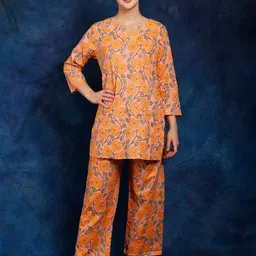 Exotic India Floral Printed Notched Neck Pre Cotton Night Suit-image-51