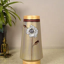 AAKRITI ART CREATIONS Grey & Gold Toned Printed Terracotta Cone Vase-3