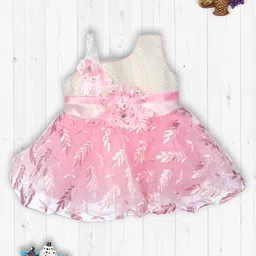 MeeMee Infant Girls Pink & White Floral Print Embellished Pure Cotton Fit and Flare Dress-picture-55