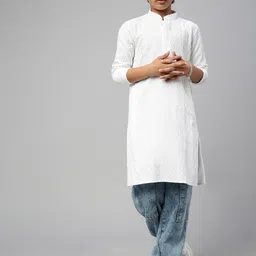 Sangria Boys Geometric Chikankari Embroidered Mandarin Collar Long Sleeve Cotton Kurta-28
