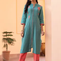 WOMEN PLUS Floral Embroidered Reglar Thread Work Pure Cotton Straight Kurta With Trousers-31