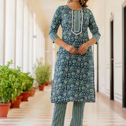 antaran Ethnic Printed Round Neck Pure Cotton Straight Kurta with Trousers-39