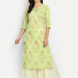 githaan Women Green Floral Printed High Slit Thread Work Pure Cotton Kurta with Palazzos-picture-30
