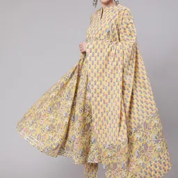 GLAM ROOTS Women Yellow Floral Printed Pure Cotton Kurta with Trousers & Dupatta-22