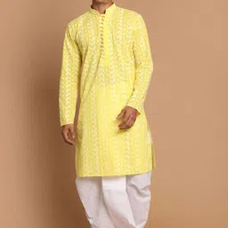 VASTRAMAY Men Mustard And White Pure Cotton Chikankari kurta With Dhoti Set-image-30