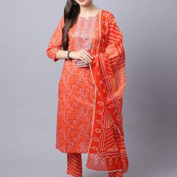 Rajnandini Women Orange Ethnic Motifs Printed Panelled Pure Cotton Kurta with Trousers & With Dupatta-picture-16