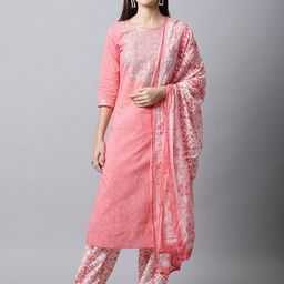 Rajnandini Women Peach-Coloured Ethnic Motifs Printed Pure Cotton Kurta with Trousers & With Dupatta-picture-4