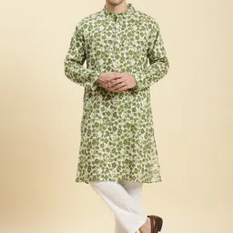 Stuffie Land Floral Printed Band Collar Regular Pure Cotton Kurta with Pyjamas-picture-49
