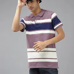 UTH by Roadster Boys Purple & Off White Striped Polo Collar Pure Cotton T-shirt-image-91