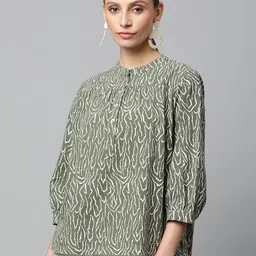 Global Republic Geometric Print Mandarin Collar Puff Sleeve Cotton Top-image-2