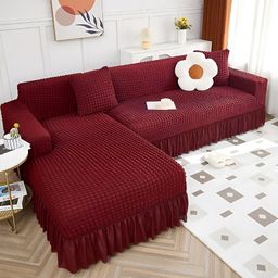 Cortina Maroon 2 Pieces Elastic Stretchable 5 Seater L Shape Sofa Cover-image-89