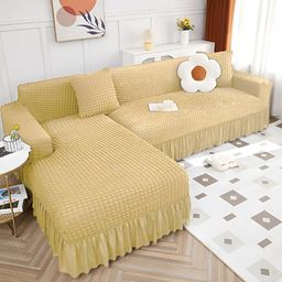 Cortina Cream 2 Pieces Elastic Stretchable 6 Seater L Shape Sofa Cover-image-73