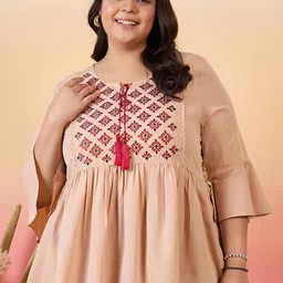 Sztori Plus Size Geometric Embroidered Tie-Up Neck Bell Sleeves Empire Top-2