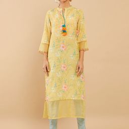 Soch Women Mustard Yellow Floral Printed Flared Sleeves Crepe Kurta-picture-3