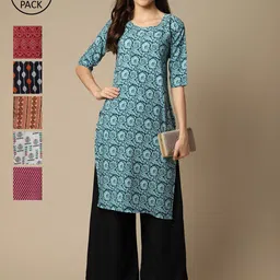 7Threads Women Blue & Pink Pack Of 6 Geometric Printed Block Print Crepe Kurta-image-77