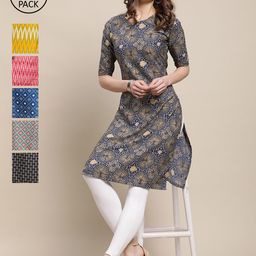 7Threads Women Pack Of 6 Geometric Printed Crepe Kurta-picture-4