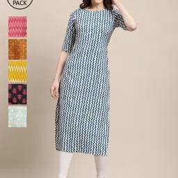 7Threads Women Pack of 6 Digital Printed Crepe Straight Kurtas-picture-5