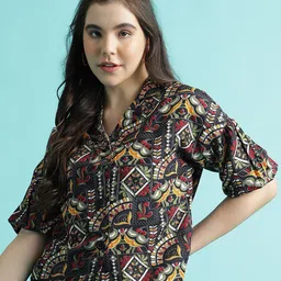 CLEMIRA Ethnic Print Shirt Collar Drop Shoulder Sleeves Crepe Top-image-88