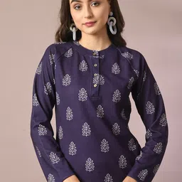 Myshka Ethnic Motifs Printed Band Collar Raglan Sleeves Top-image-96