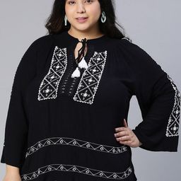 Oxolloxo Plus Size Geometric Embroidered Tie-Up Neck Crepe Top-picture-13