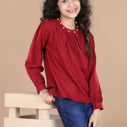 Cutiekins Girls Maroon Solid Embellished Crepe Top-image-43