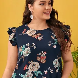 CURVE BY KOTTY Plus Size Floral Printed Flutter Sleeve Crepe Top-56