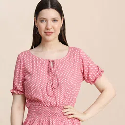 BAESD Polka Dots Printed Tie-Up Neck Puff Sleeve Cinched Waist Top-picture-6