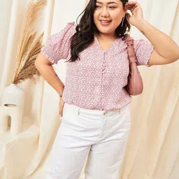 Berrylush Curve Plus Size Floral Printed V-Neck Puff Sleeves Top-9