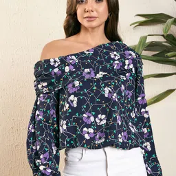 Kibo Floral Printed One Shoulder Puff Sleeve Top-image-5