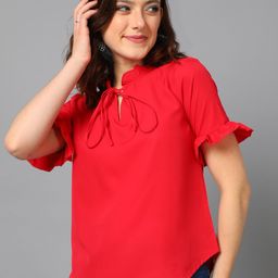 Kotty Red Tie-Up Neck Bell Sleeve Crepe Top-image-52