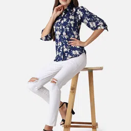 SCORPIUS Floral Print Shirt Collar Cuff Sleeve Crepe Shirt Style Top-image-83