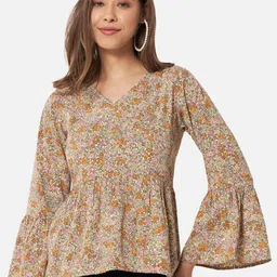 ALL WAYS YOU Floral Printed V-Neck Bell Sleeves Gathered Detailed Peplum Top-image-97