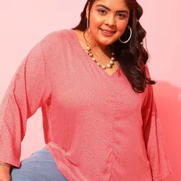 CURVY STREET Pink Plus Size Polka Dots Printed V-Neck Crepe Top-21