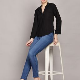 TrendRush Women Lapel Collar Long Sleeves Monochrome Top-image-94