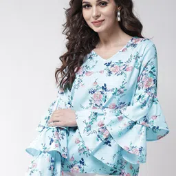 La Zoire Women Blue Floral Print Ruffles Crepe A-Line Top-picture-40