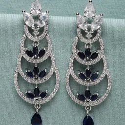 ZENEME Rhodium-Plated Silver Toned American Diamond Studded Crescent Shaped Drop Earrings-21