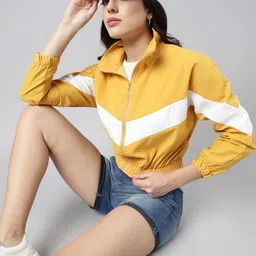 SHOWOFF Colourblocked Mock Collar Long Sleeves Windcheater Crop Bomber Jacket-8