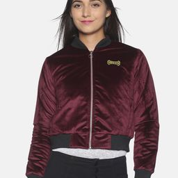 Campus Sutra Women Maroon & Black Windcheater Crop Bomber Jacket-picture-16