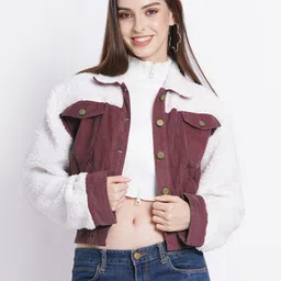 SUMAVI-FASHION Colourblocked Spread Collar Corduroy Crop Denim Jacket-image-24