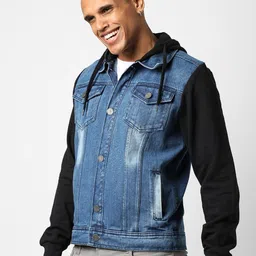 Campus Sutra Men Navy Blue Black Washed Colourblocked Windcheater Outdoor Denim Jacket-picture-12