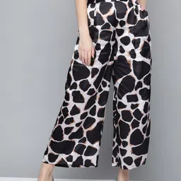 SASSAFRAS Women Black & White Leopard Print High-Rise Pleated Crop Wide Leg Trousers-image-63
