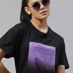 The Roadster Lifestyle Co Women Black  Purple Typography Printed Pure Cotton T-shirt-image-27